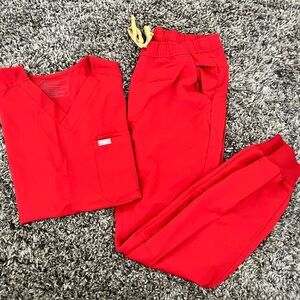FIGS- small pop red scrub set (tansen joggers and Leon scrub top)